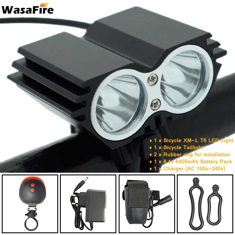 5000 Lumens X2 Bike Light T6 LED Mountain Bike Front Light Bicycle Headlight Cycling Head Lamp + 18650 Battery Pack + Charger: Package K
