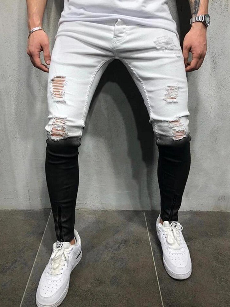 Jean Stretch déchiré pour hommes, pantalon en Denim, coupe Slim, Streetwear, dégradé blanc noir, crayon moulant: S