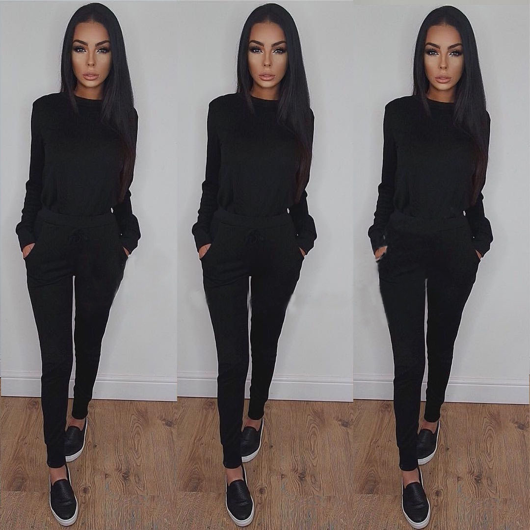 Solid sex Suit Set Women Tracksuit Two-piece Style Outfit Sweatshirt Sport Wear: Black / XXL