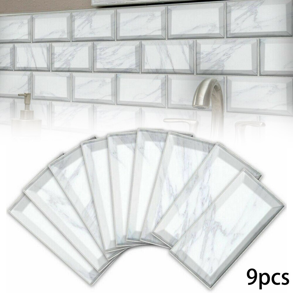 9pcs/set Wall Stickers White Marble Bricks Adhesive Bathoom Kitchen Wall Tile Stair Sticker 20x10cm Practical