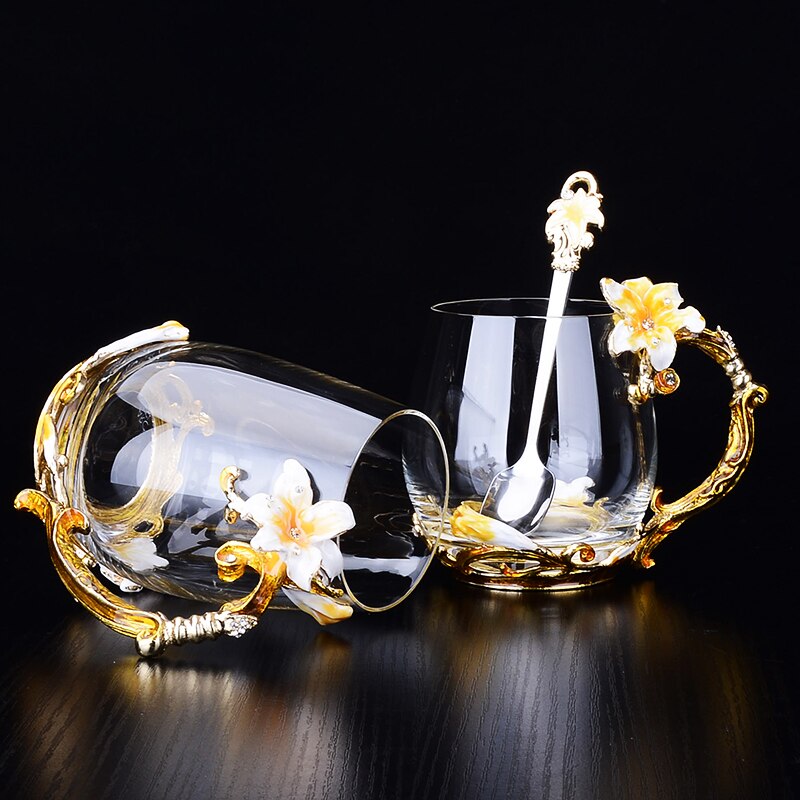 Vintage diamant glas koppar blomma emaljer kaffe mugg bröllop glas öl steins