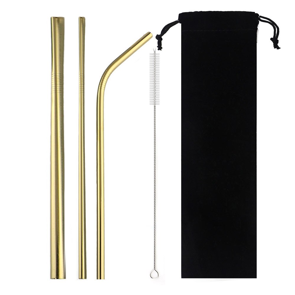 5-Pcs Metal Reusable Straw Colorful Pink Eco-Friendly Drinking Straws Set 304 Stainless Steel Straw Set with Brush Pouch Bag: Gold