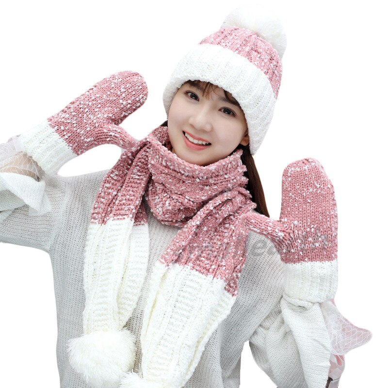Conjunto de 3 piezas de gorros, bufandas y guantes de invierno para mujer, accesorios de invierno de punto grueso para niña, conjuntos de gorros, bufandas y guantes para mujer.: Rosa 3 piezas
