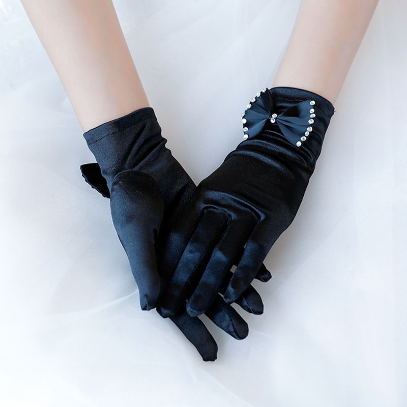 Gants de mariage courts en Satin Vintage, avec nœud papillon en strass, mitaine de fête à clapet des années 1920