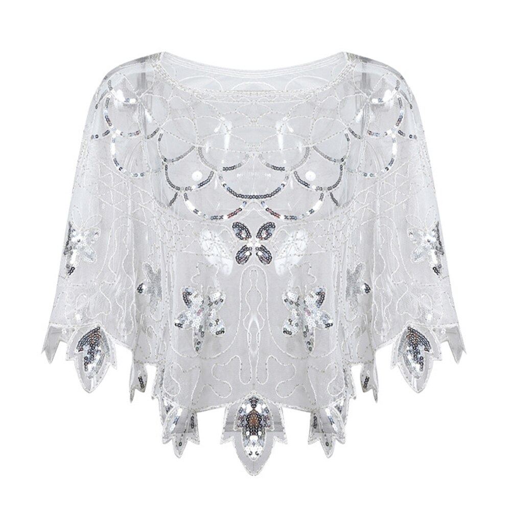 Lady Sequin Luxury Shiny Party Cape Women Bling Bling Amazing Evening Shawl Celebrity Formal Event Accessory Black: White Silver