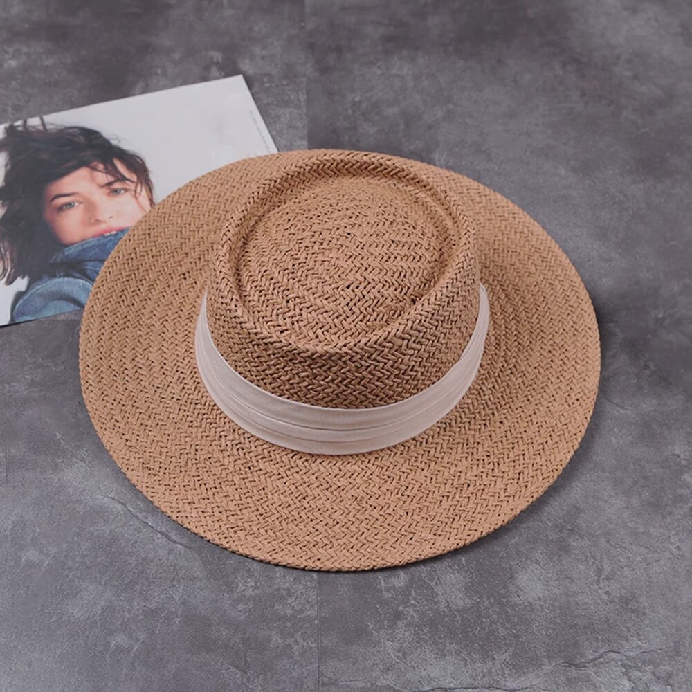 Kvinner sommer Strand solhatt merke flat topp stråhatt jente bånd strandhatt bein feminino gorra: 1