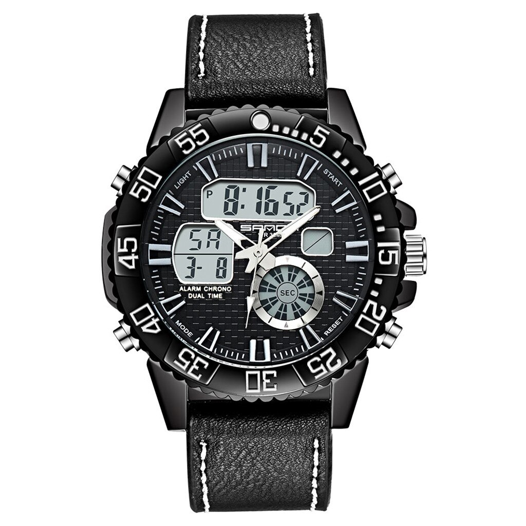 Sport Männer Uhren Wasserdicht Dual Display Analog Digital LED Männlichen Leder Strap Elektronische Handgelenk Uhr Reloj Hombre homme: Black