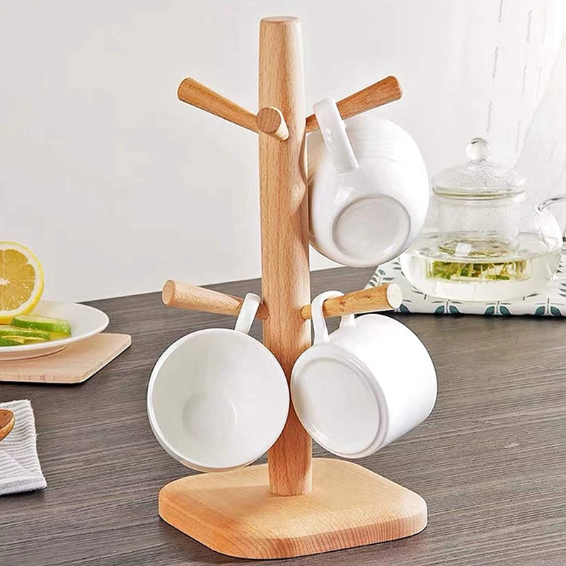 Árbol de madera para tazas, soporte para tazas de café con 6 ganchos, soporte para tazas de café para encimera de cocina, soporte para tazas de té, secador de tazas de café