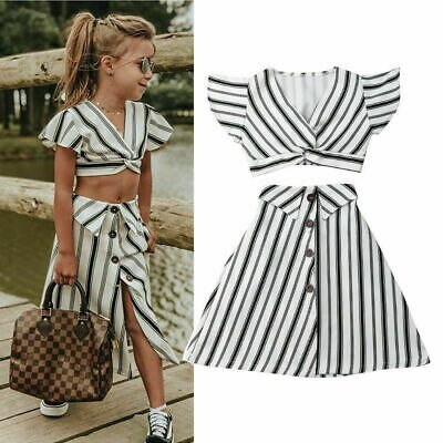 Summer Girl Stripe Clothes Set Girls Beach Casual Outfits Kids Toddler Ruffle Off-Shoulder T-Shirt Top+Bow Skirt Tutu Dress
