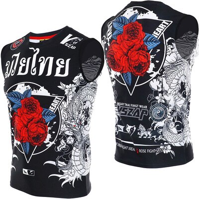 Vszap rose boksning sports t-shirt muay thai kamp fitness elasticitet skjorte ærmeløs boksetøj muay thai shorts mma: 3xl / Sort