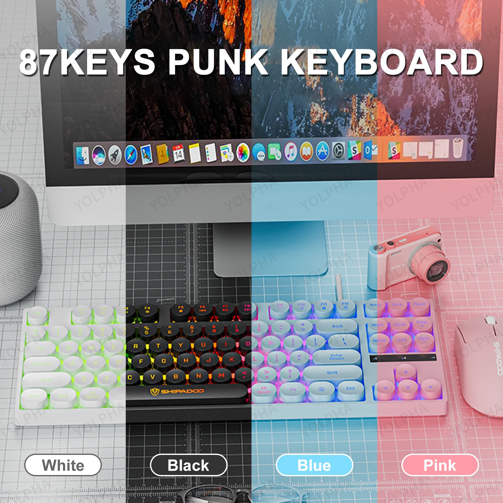 Komputerowe klawiatury przewodowe 87 klawiszy punk Keycap Ciche pisanie Podświetlana RGB biurowa multimedialna klawiatura robić gier dla okna laptop PC prochowiec