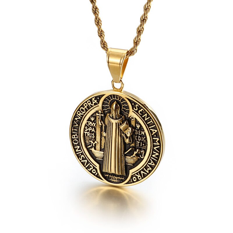 Retro Male Jewelry Gold Jesus Cross Necklaces Round Pendant for Men Him Christian Catholicism Prayer Religious Accessories: A