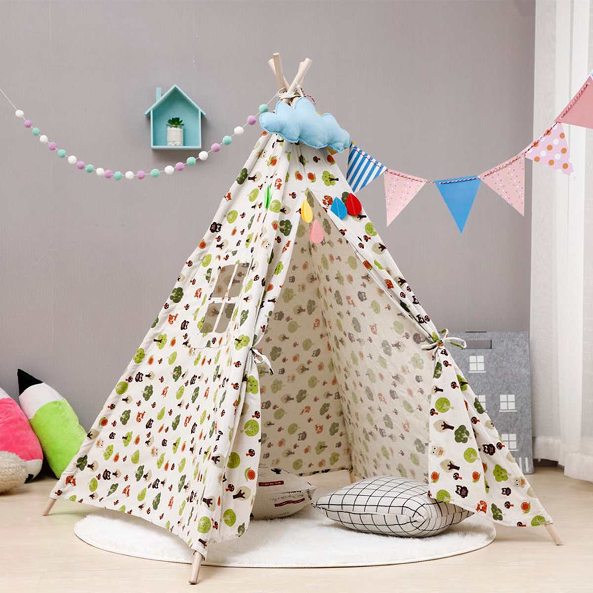 1.35m Tende per la Spiaggia per I Bambini di Tela di Grandi Dimensioni Tenda Teepee Tipi con Grigio Poms Indiano Tenda del Gioco Casa Dei Bambini tepee Tee Pee Tenda: green