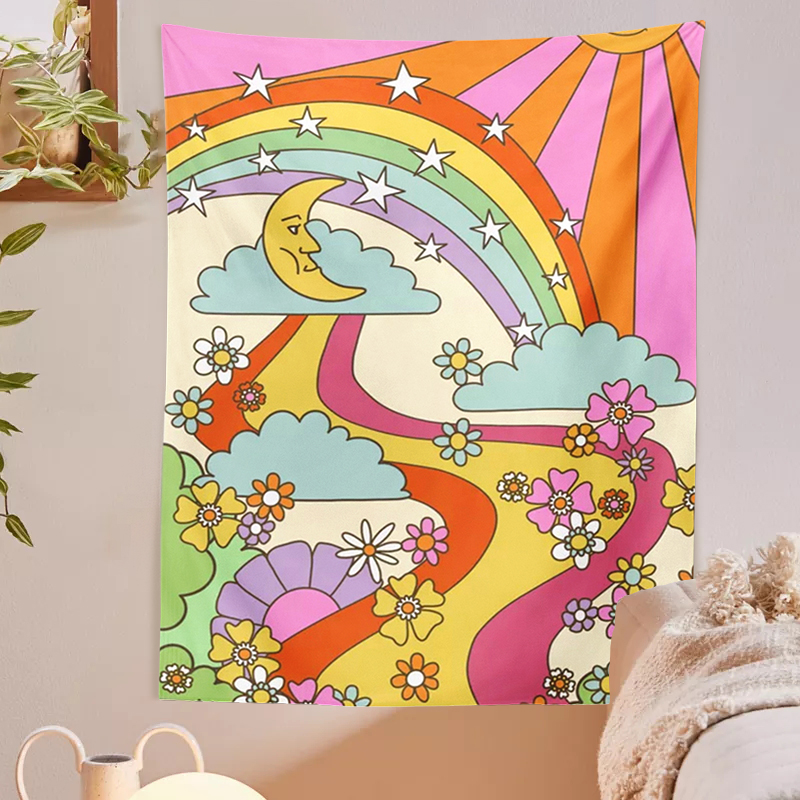 Tenture murale rétro arc-en-ciel 70s 60s, tapisserie Vintage psychédélique, trébuchant soleil lune INS Trippy, décoration murale Hippie
