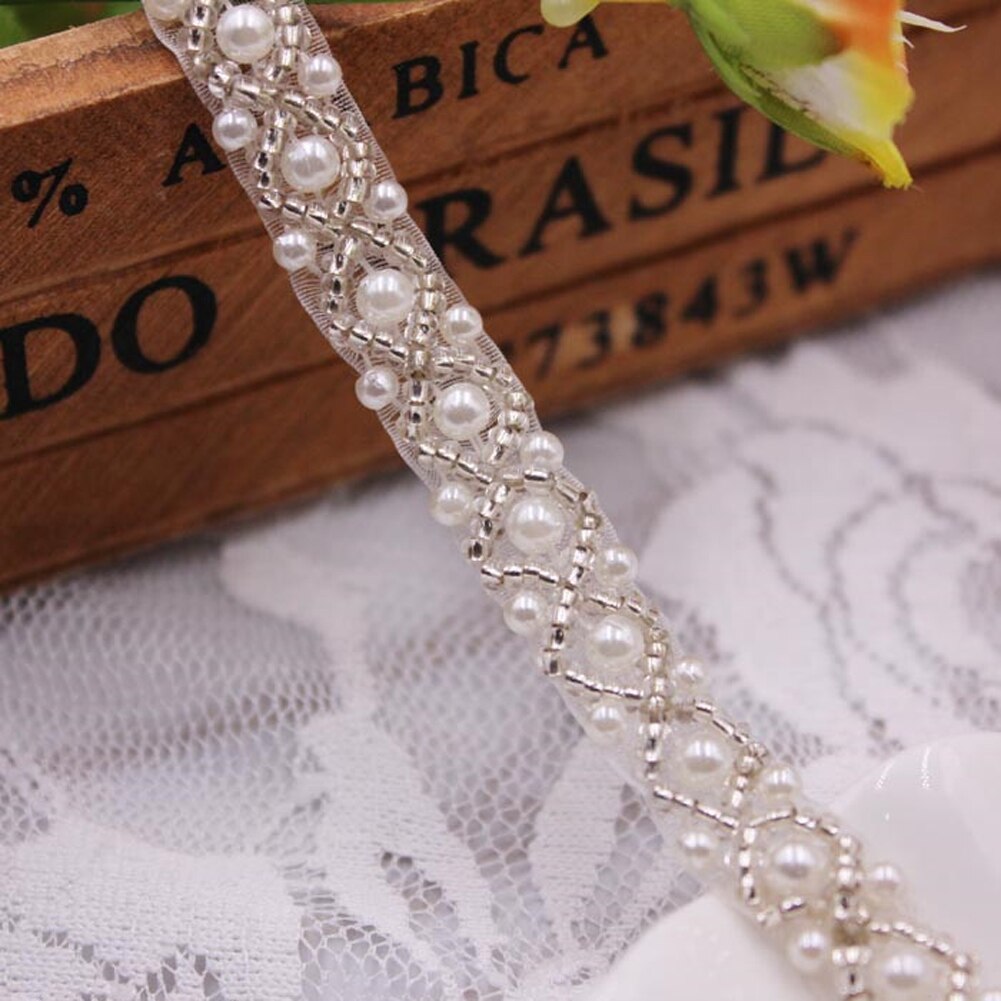 1 jaardi/erä helmen siemen helmi helmillä koristeltu koristeet pitsi nauha kangas vaatteiden koristelu hääpuku kaulus hiha pitsi applikoitu askartelu