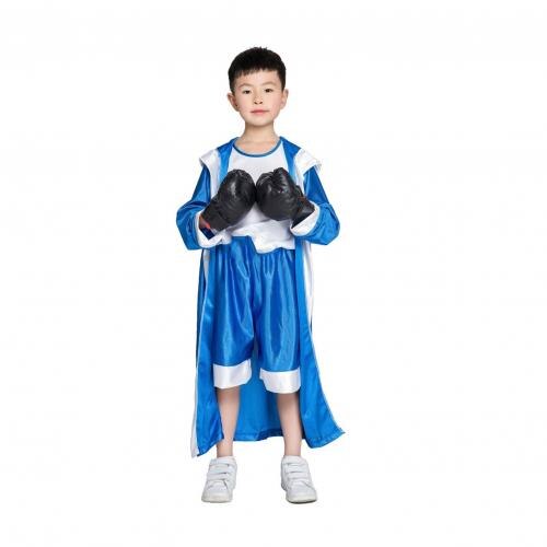 Børn løs muay thai taekwondo boksekåbe langærmet bælte sceneshow kickboxing kjole boksning konkurrence træning bokser kostume: Mørkeblå 140cm