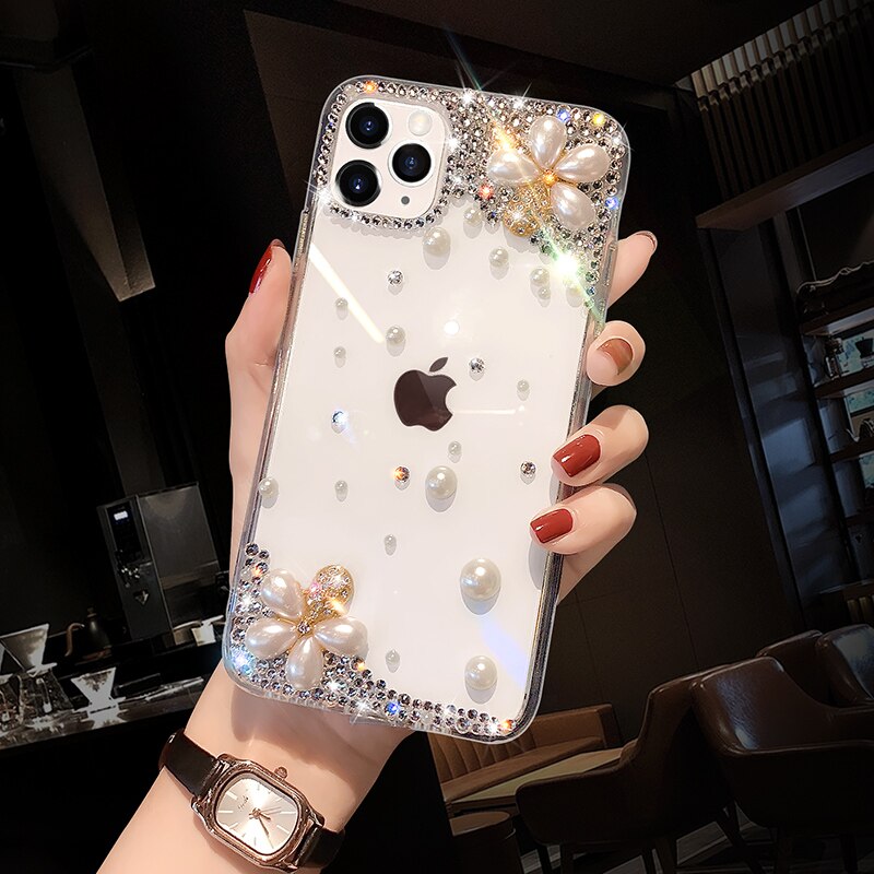 Pearl Diamond Flower Phone Case For Samsung Galaxy A01 A30 A40 M11 M21 M30S M31 M31S M51 A10 A10E A20 A20S A20E Rhinestone Cover