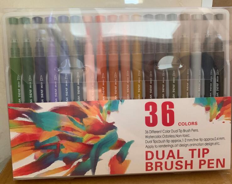 100 farger akvarell tusjer for tegning maleri akvarell kunst penselpenn vannfarging pensel penn dobbel spiss for skolen: 36 farger