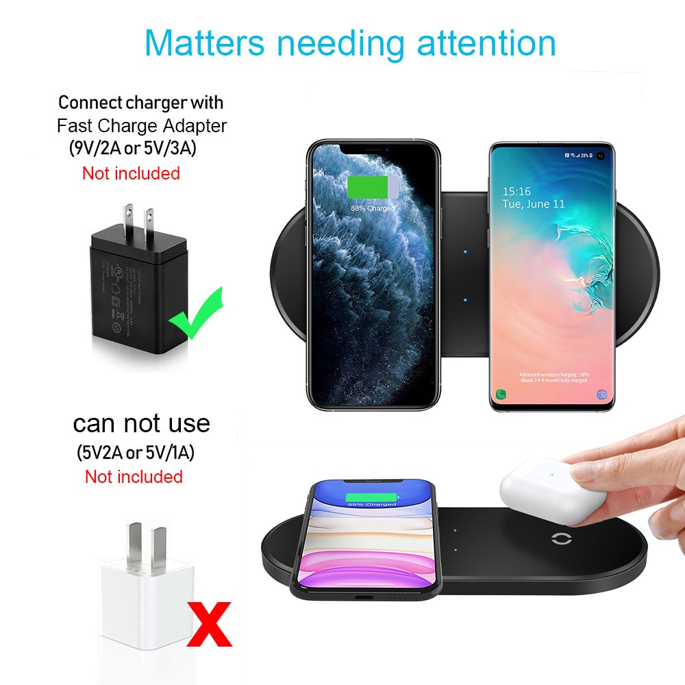20W Dual Wireless Charger for iPhone 12/11/XS/XR/X/8, AirPods Pro - 10W Fast Charging Base for Samsung S20/S10/S9