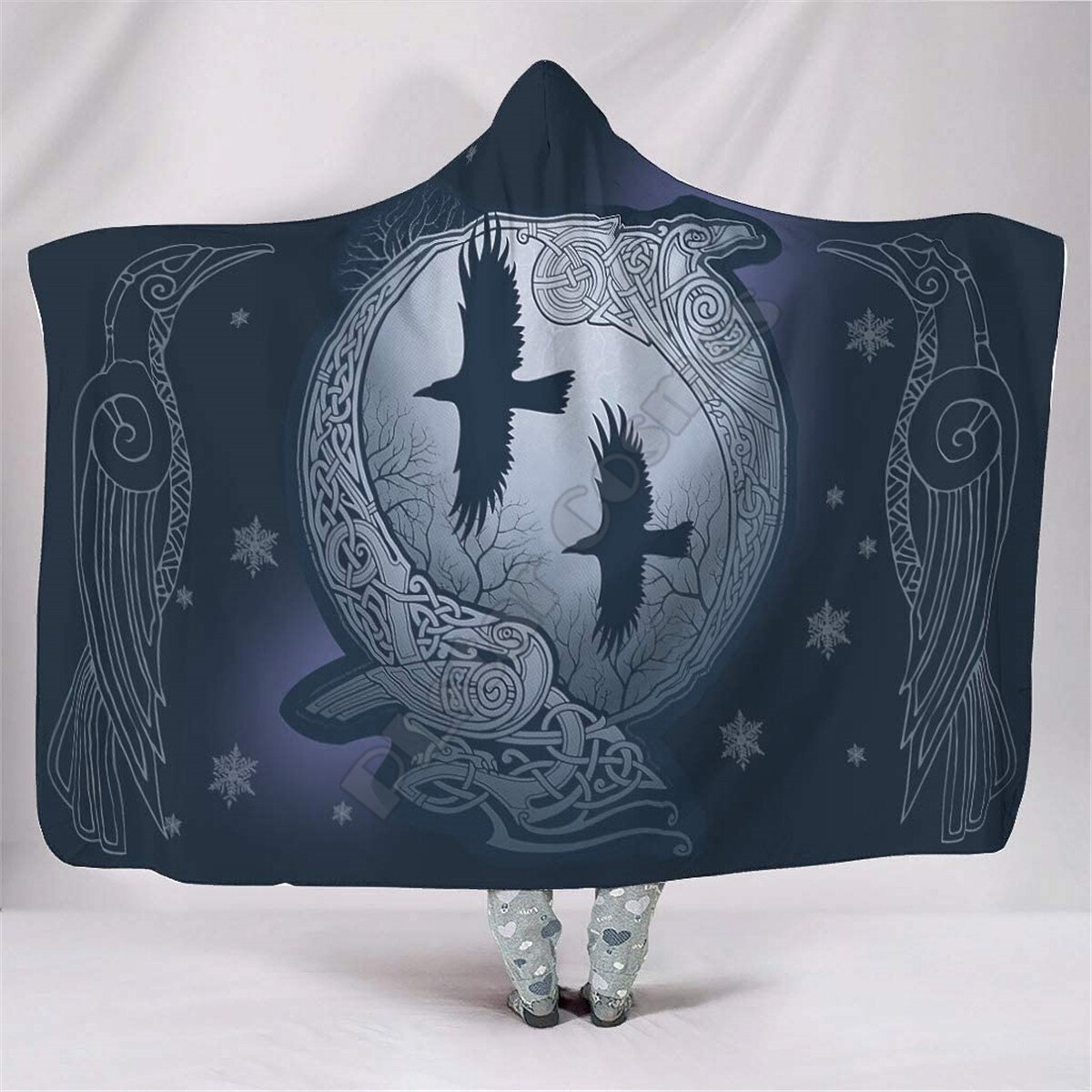 Viking Norse Huginn & Muninn Odin 'S Ravens Hooded Deken Volwassen Kleurrijke Kind Sherpa Fleece Wearable Deken Microfiber Beddengoed: 6 / Adult 150(H)200(W)