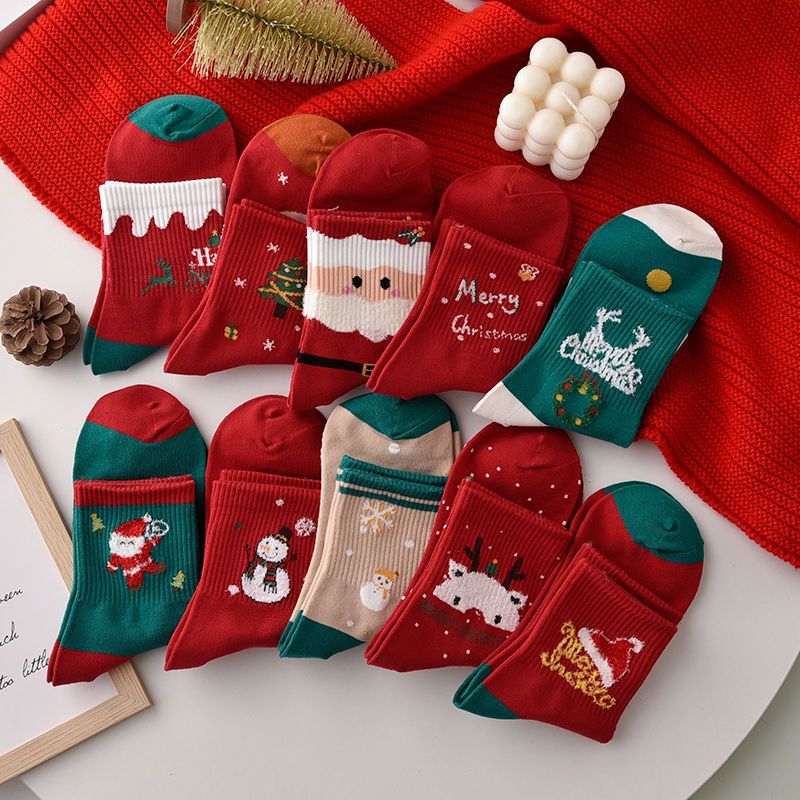 5 Paires Chaussettes Noël Dessin Animé - Motif Cartoon - Femme Casual Tricot - Tube Milieu Épais