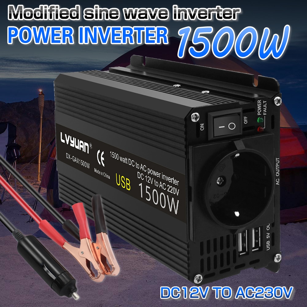 Dc12v till  ac 230v 1500w peak eu-uttag usb bilomvandlare boost fordonsförsörjning modifierad sinusvågseffektomriktare