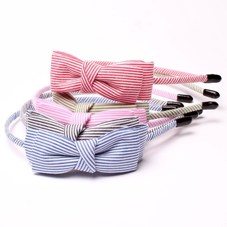 Korea Striped Bow Headband for Women Rhinestone Hairband Beads Bezel Girls Hair Accessories Simple Headwear