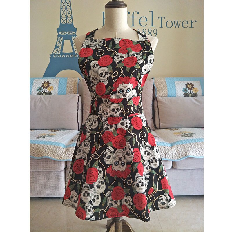 Tablier de cuisine rétro en coton pour femme, motif crâne noir, Rose, robe Vintage: Default Title