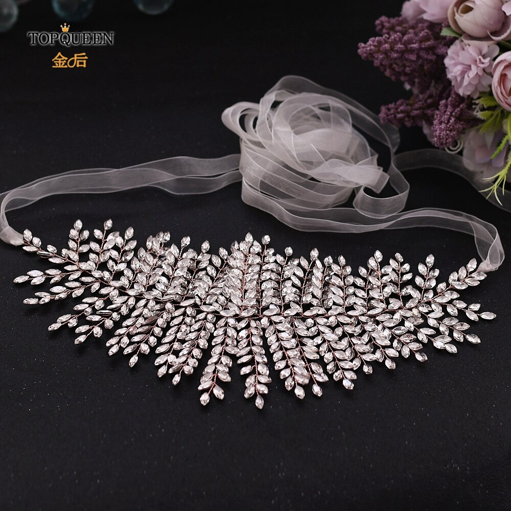 TOPQUEEN Rose Gold Jeweled Belt Wedding Dress Belt Rhinestone Belts for Women Formal Belt for Women Dresses Bridal Sash SH238-RG: Ivory organza