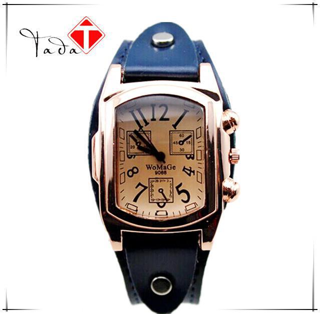 Dames heren rechthoekig analoog horloge met roestvrijstalen kast en leren band dames quartz sporthorloge: Blauw