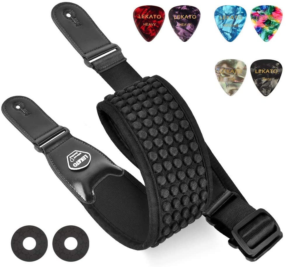 Lekato Gitaarband Riem 3d Spons LGS-1 Verstelbare Vulling Elektrische Gitaarband Basriem 3.5 "Breed Met 6 Plectrums: Black