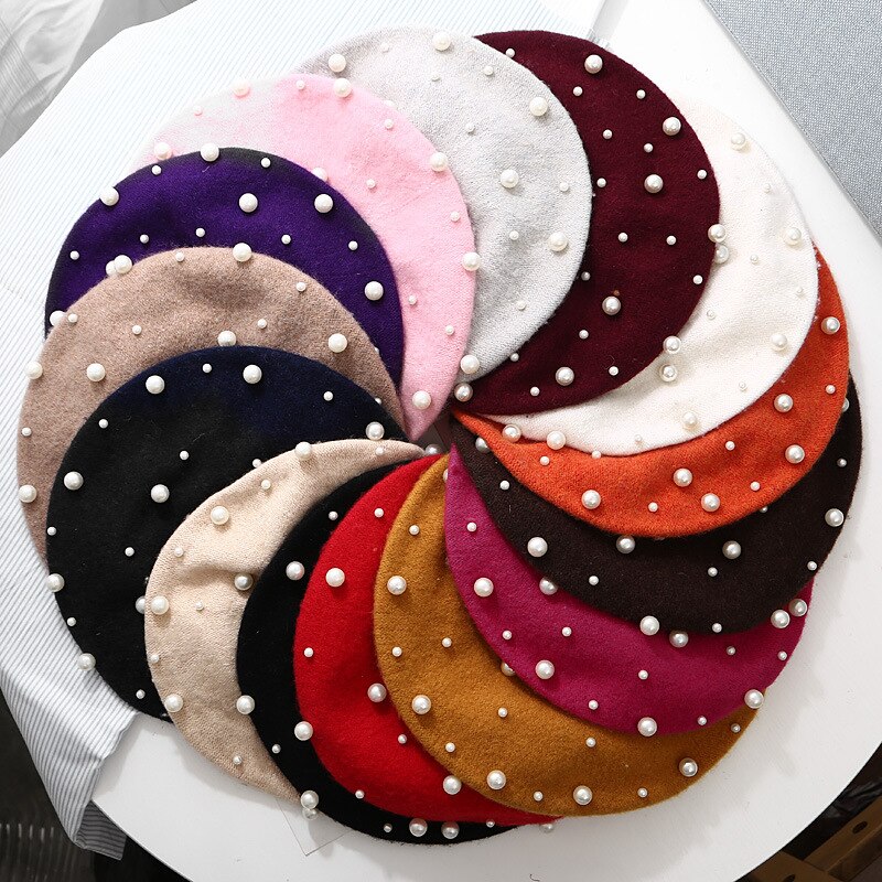 Kvinne imitasjon perle franske par beret lue tuque Helle femme vinter svart rød gul rosa ull beretter caps til kvinner
