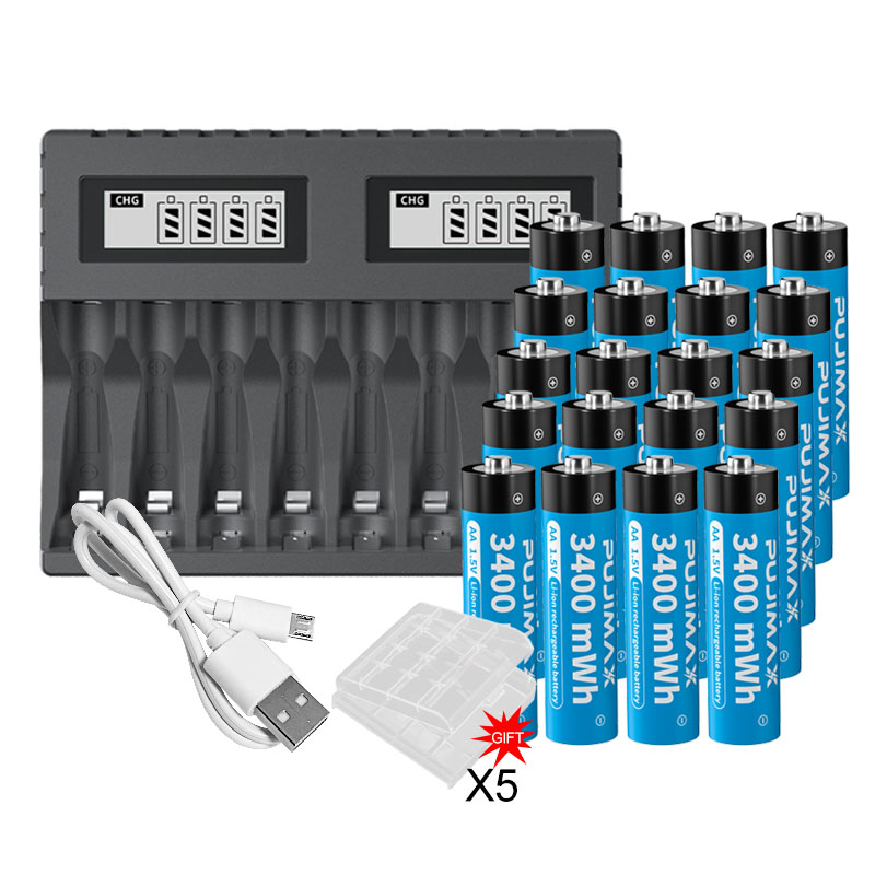 PUJIMAX 1.5V Rechargeable Lithium Battery 3400mWh Large Capacity Li-ion Battery With 8-slot 1.5V Li-ion Battery Charger: Red