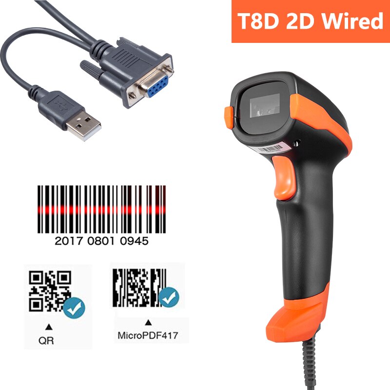 HSTEM Barcode Scanner T8D/T8L Handheld Wired 1D 2D QR Bar Code Reader With USB and RS232 Interface For Serial Connection: T8D 2D Wired