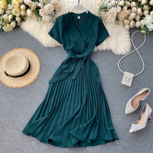 Midi retro Dress Women's Solid Color V-neck Lace-up Waist Slimming over-the-Knee Pleated Dress Office Lady: Green