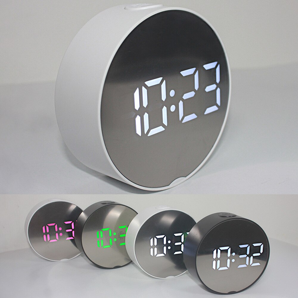 Horloge électronique ronde multifonctionnelle avec réveil LED miroirs, grand écran, horloge numérique multicolore