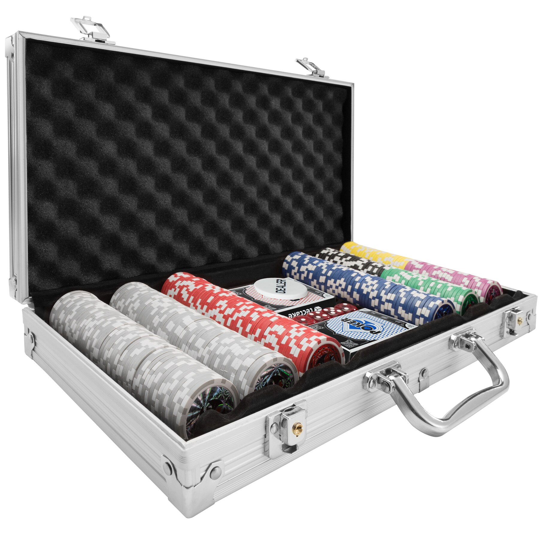 Tectake Conjunto de Poker plata 300 fichas - juego de póker con dos barajas, set para jugar al póker con maletín de aluminio, cartas de poker con fichas y dados, conjunto de juego de poker con maleta, pack de poker