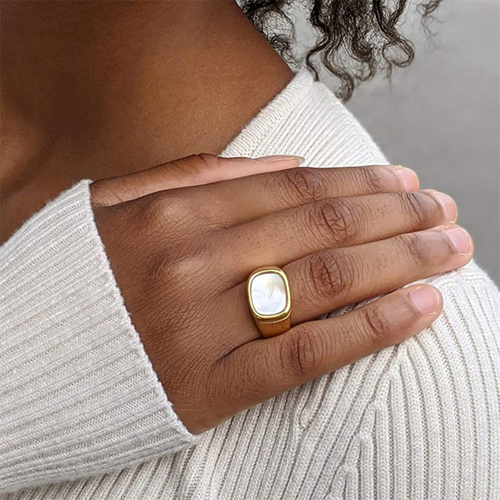SUNIBI-Anillo cuadrado Vintage de concha para mujer, de acero inoxidable, Color oro blanco, anillo grande y grueso, accesorios de joyería para , para cena