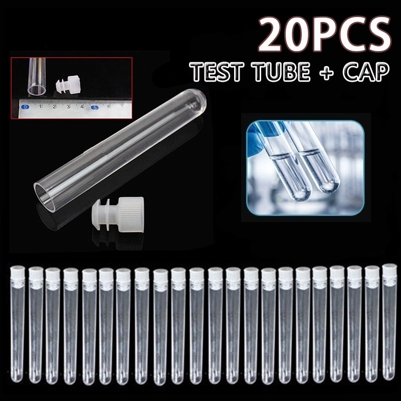 20 piezas tubo de ensayo de plástico transparente de 100x12mm, Vial de tubo de fondo redondo con tapa, suministros de laboratorio de oficina para experimentos