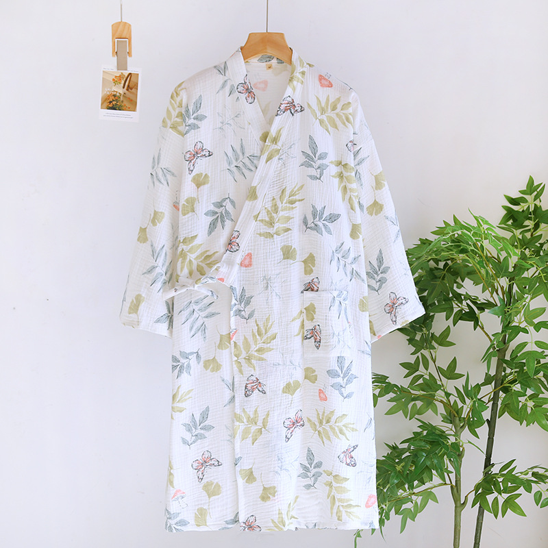 Katoenen Bamboe Bedrukte Nachtkleding Badjassen Voor Dames Lente En Zomer Dubbellaags Dunne Huiskleding Pyjama Gewaden: L / Goud