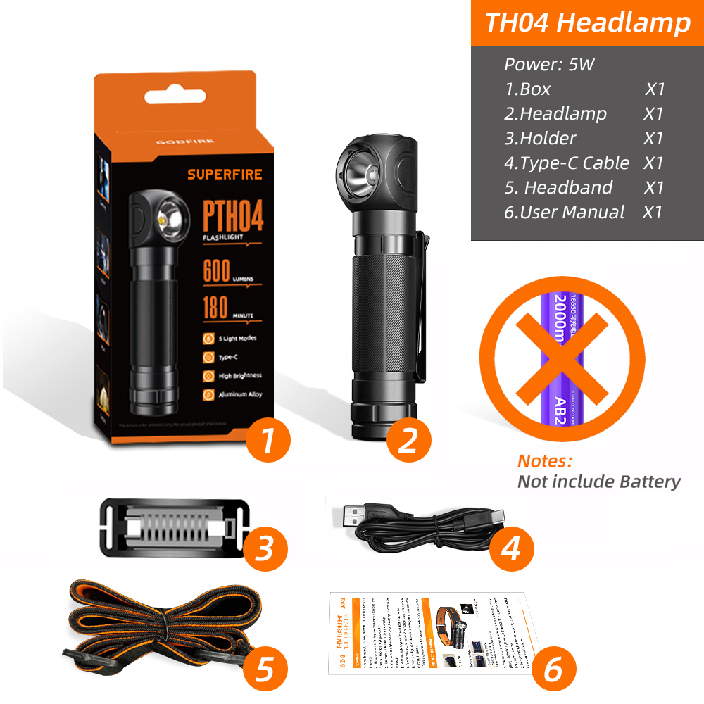 Superfire  th04 kraftfuld led-pandelampe usb-c genopladelig 90 ° hovedlommelygte 18650 batterier edc-lommelygte udendørs campinglanterne: Foranderlig