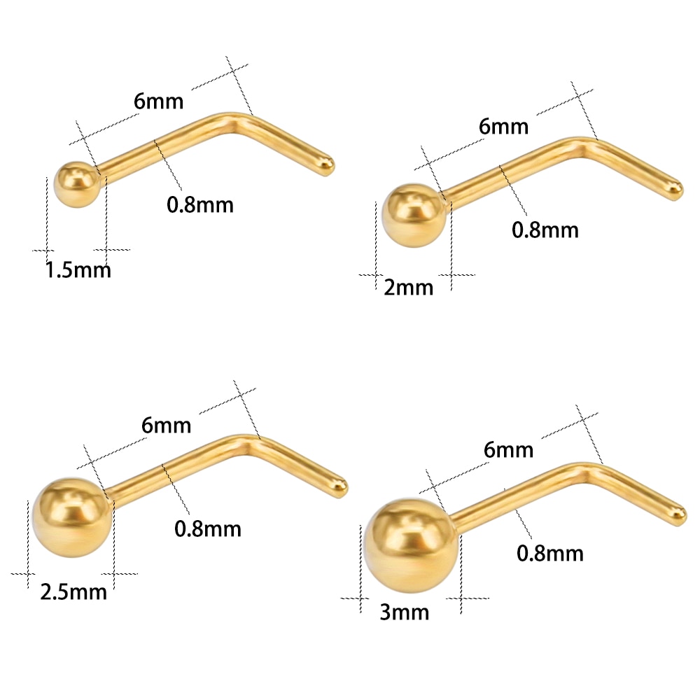 ZS 4 pièces/lot nez goujons boule ronde nez anneaux l-forme or narine Piercing acier inoxydable nez Piercing bijoux de corps pour les femmes
