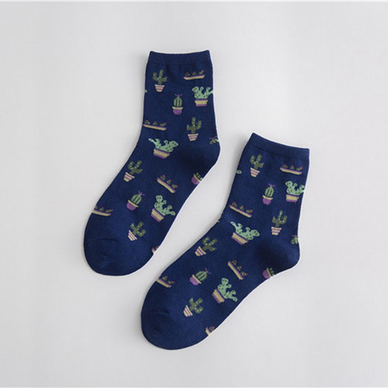 Dessin animé fruits coton chaussettes pastèque citron fraise banane avocat femmes chaussettes féminine Streetwear chaussettes été automne: Blue Cactus