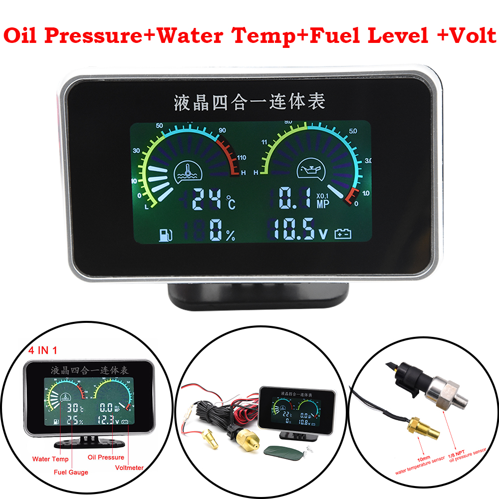 2 In 1 / 3 In 1 / 4 In 1 LCD Digital Oil Pressure Gauge Voltmeter Fuel Level Meter 1/8 NPT Oil Press Sensor + Water Temp Sensor: army green