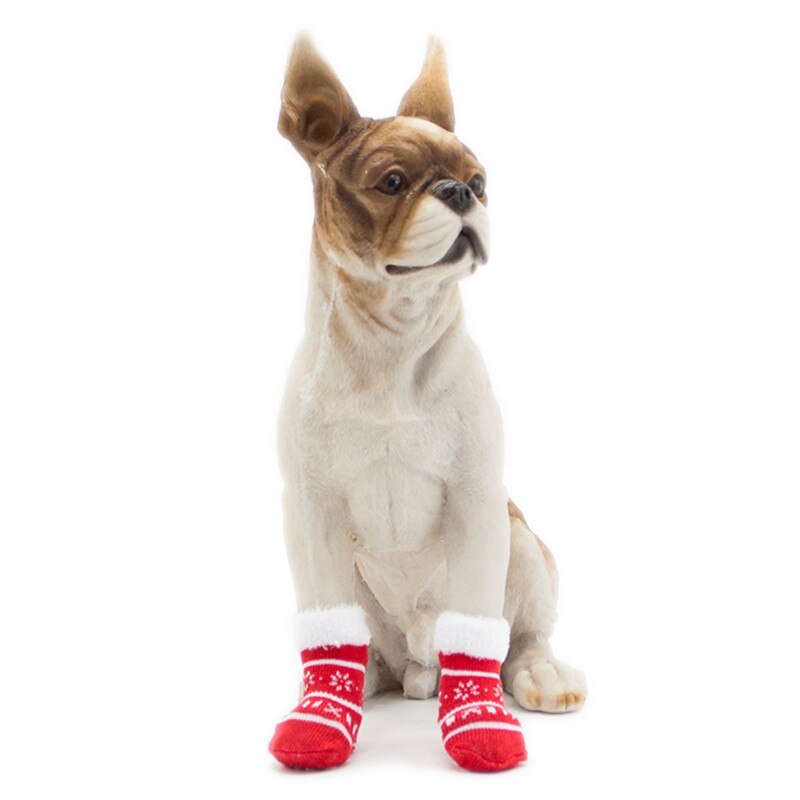 Huisdier Honden Kerst Sneeuw Bloem Anti-Slip Gebreide Katoen Korte Sokken 4 Stks/set Rode Sneeuwvlok
