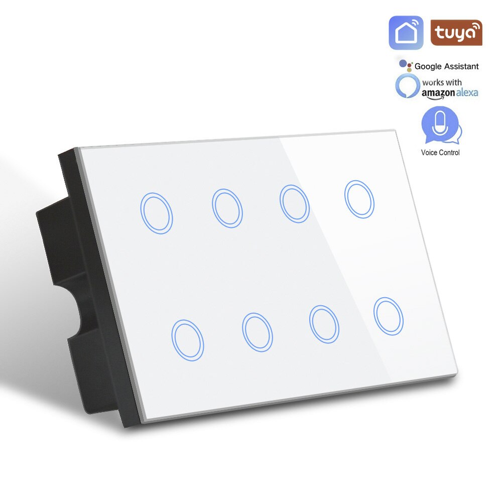 Tuya Smart Life APP Control WIFI Switch UK 110-240V,Crystal Glass 8 gang light wifi switch 600W,compatible Alexa Google: White