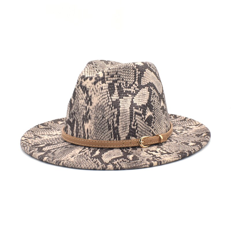 Fuodrao Snake Print Fedora Hoeden Voor Vrouwen Wide Brim Vilt Herfst Winter Britse Vintage Trilby Mannen Jazz Hoed F133: Beige