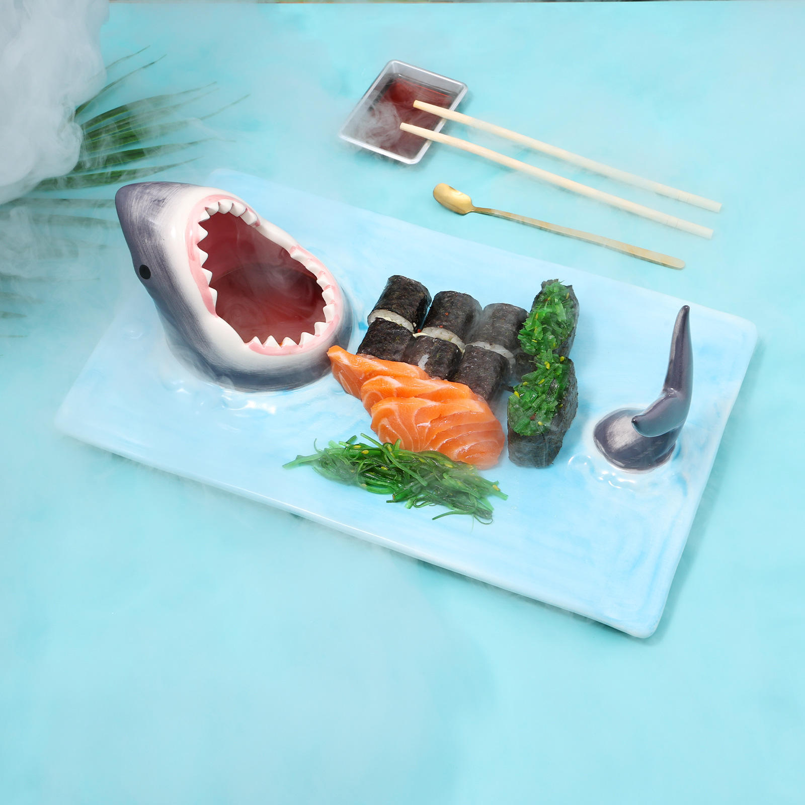 Plato de Sushi de cerámica con forma de tiburón, tabla rectangular de queso, mesa de comedor, decoración de cocina, novedad