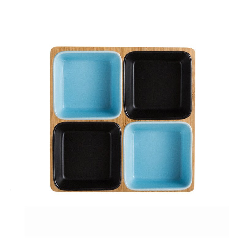 Firkantet keramik frugtfad keramisk fad salat tallerken porcelæn snacks slik nøddesesserter øko naturlig serverings bambus bakke sæt: 2 blå 2 sorte