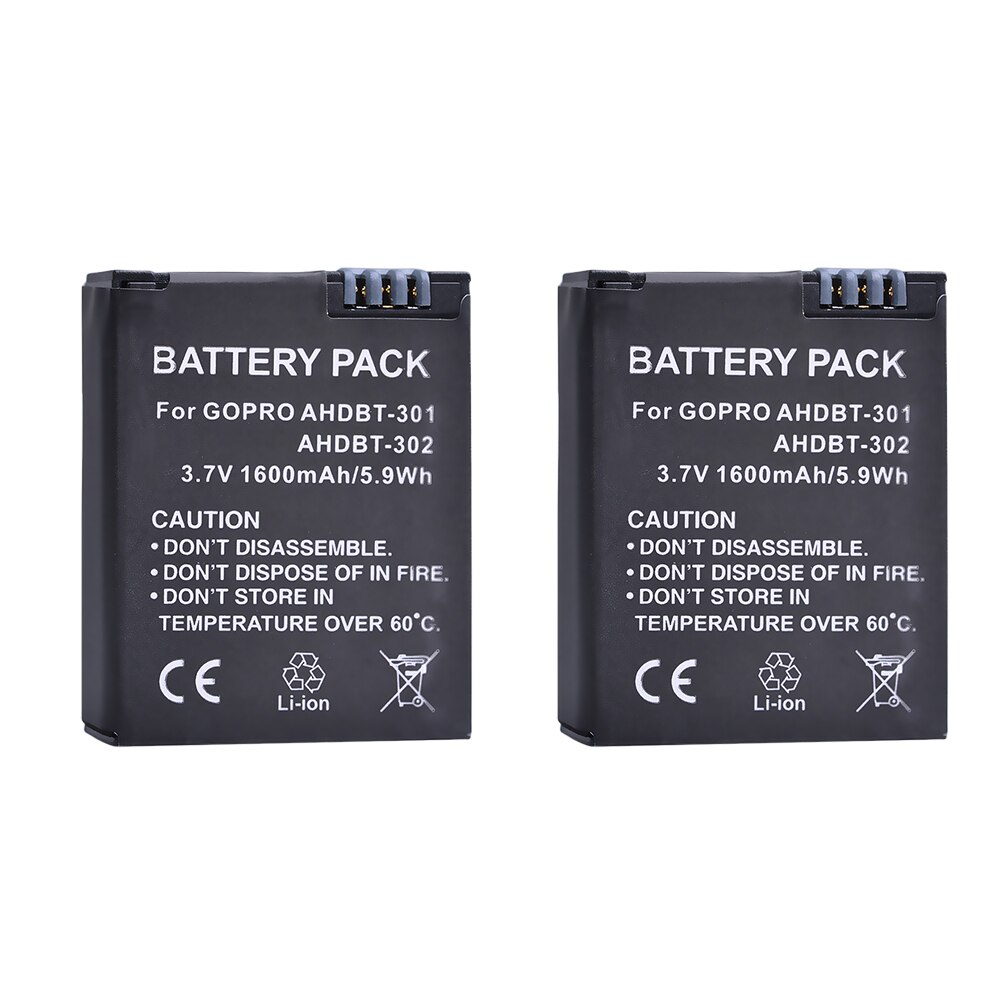 2 uds. De AHDBT-301 de 1600mAh para GoPro Hero 3, batería para cámara GoPro Hero3 Hero 3 +, edición plata HD, color blanco y negro: 2 battery